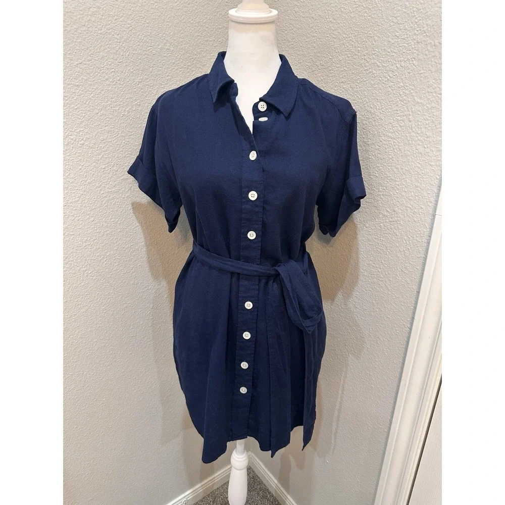 J. Crew Factory Linen Belted Navy Blue Mini Shirt Dress Petite Sm Coastal Preppy